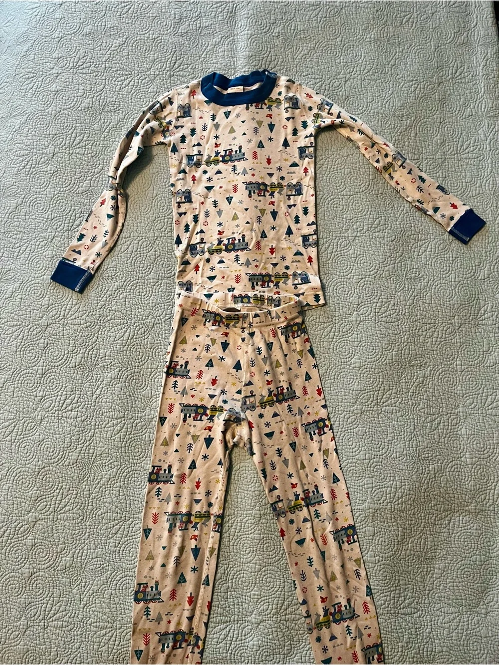 Hanna Andersson white Holiday Train Pajama Set with Blue Trim